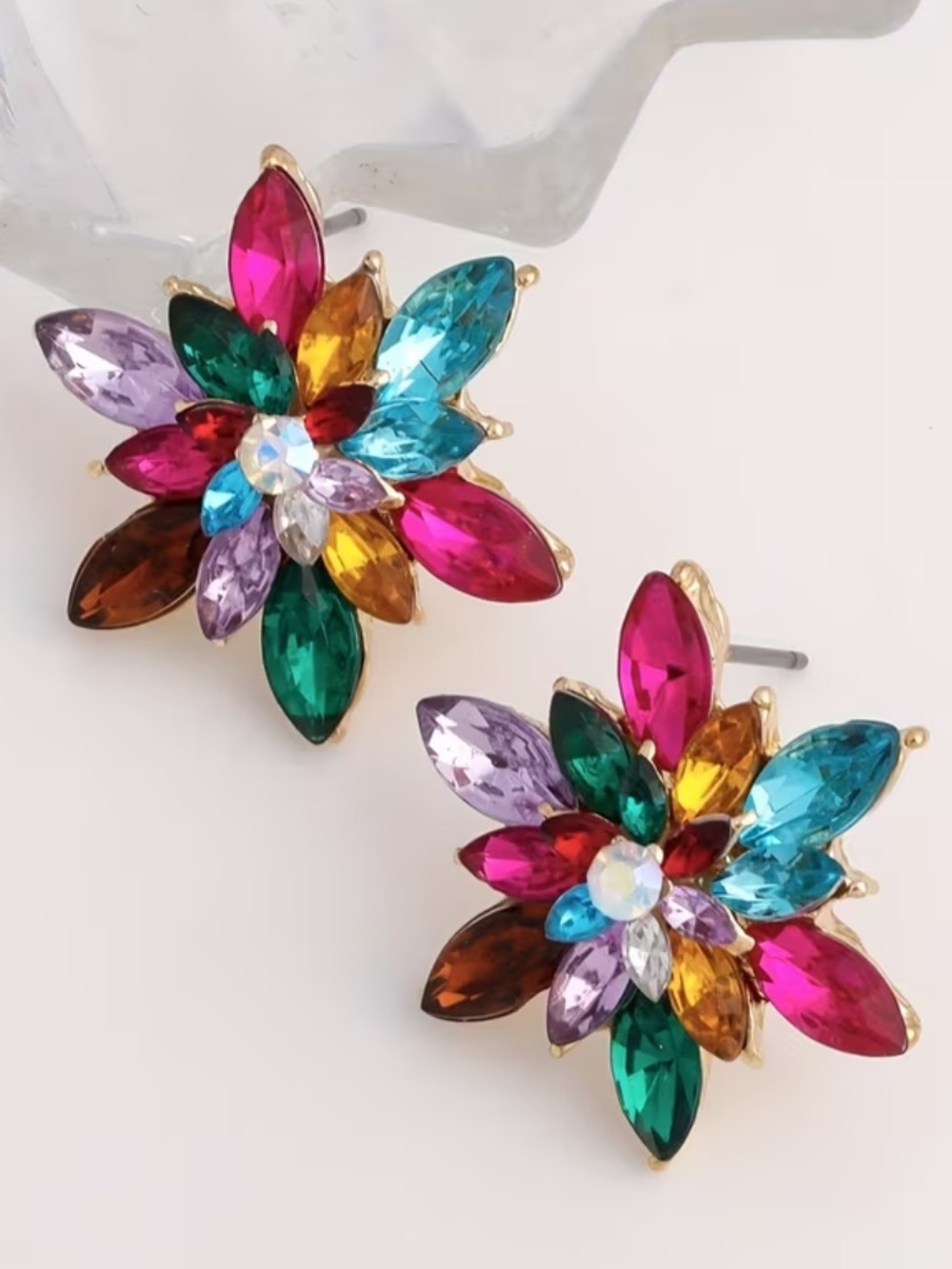 Multicolor Crystal Flower Stud Earrings - Vibrant Statement Jewelry